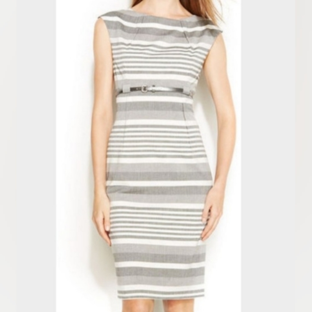 Calvin Klein Striped Belted Sleeveless Sheath Dress Size 12 Gray & White